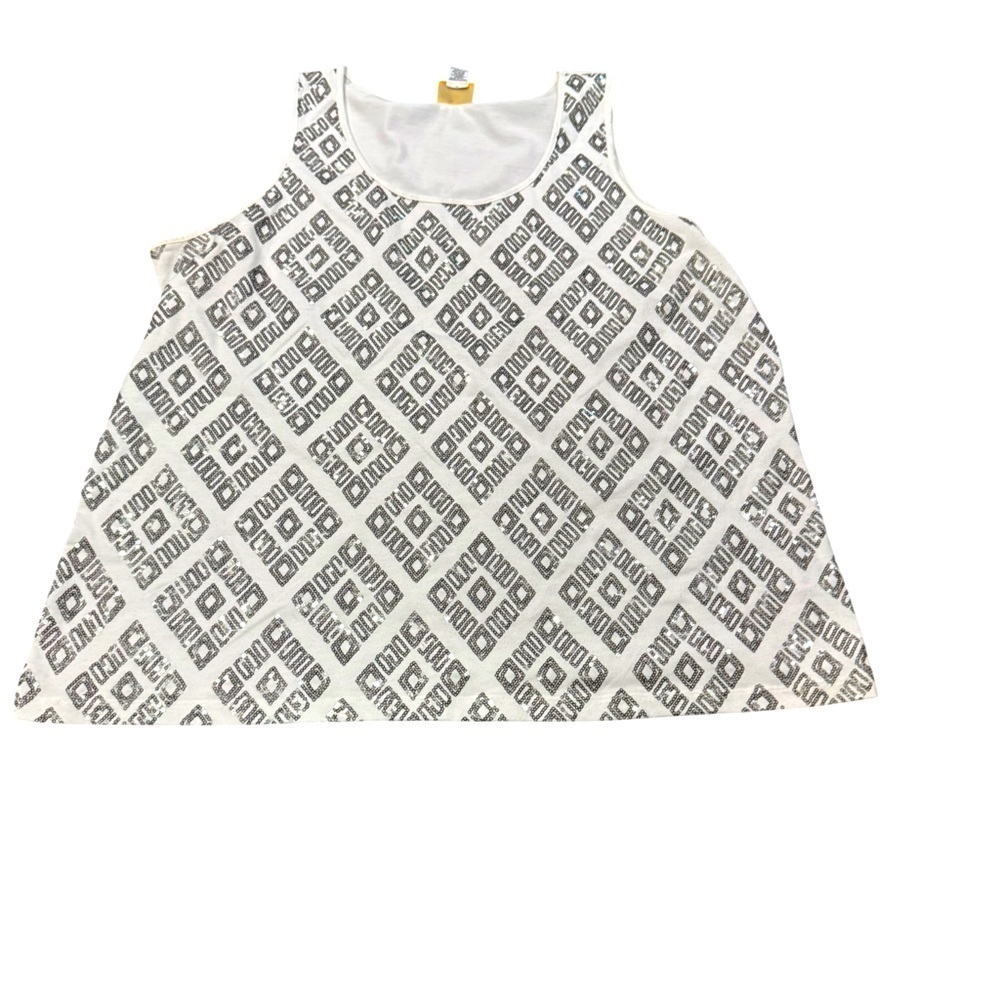 EUC Ruby Rd. White and silver sequin Geometric Tank Top XL
